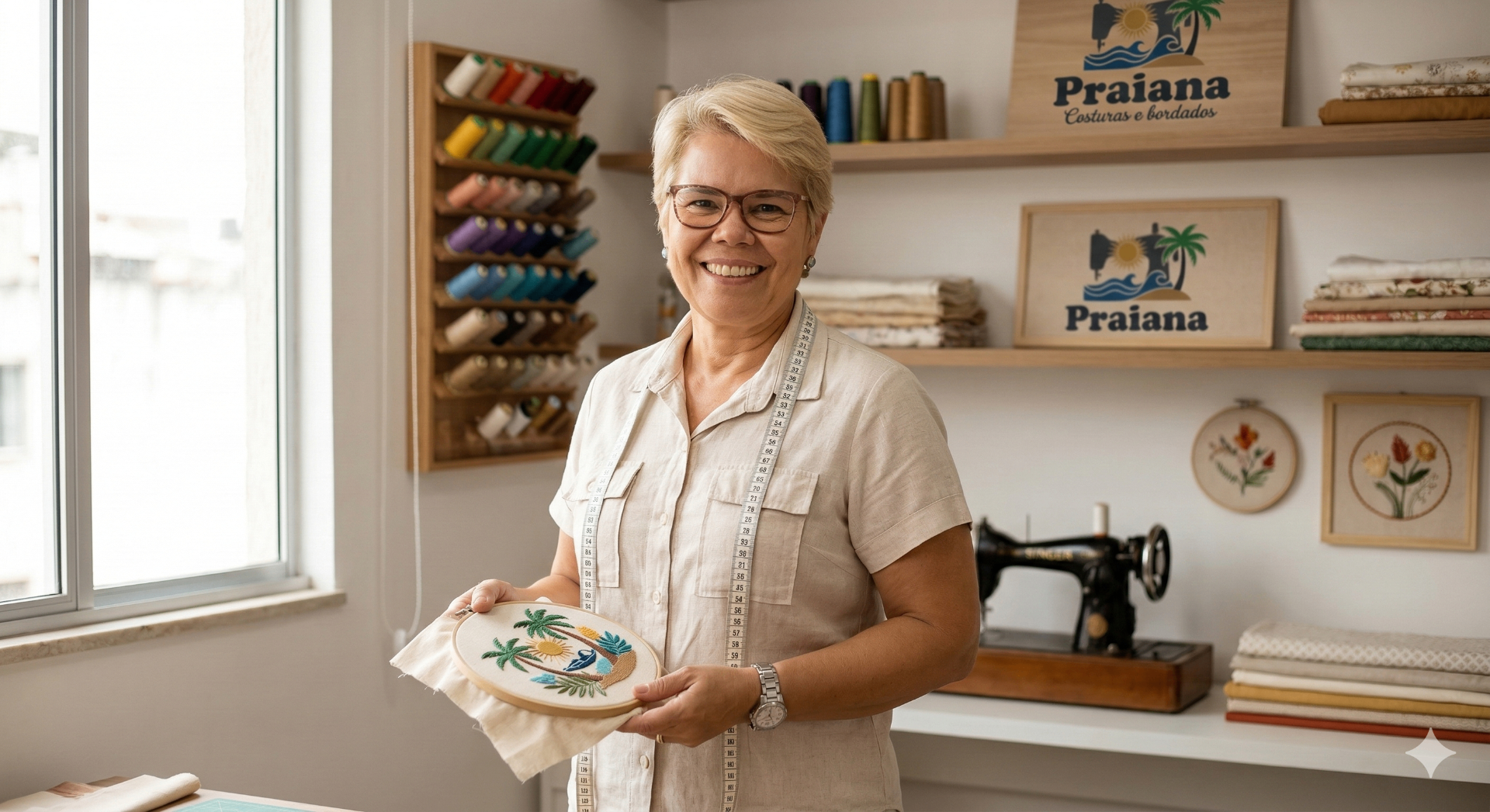 Dona Lise em seu ateliê com bordado artesanal