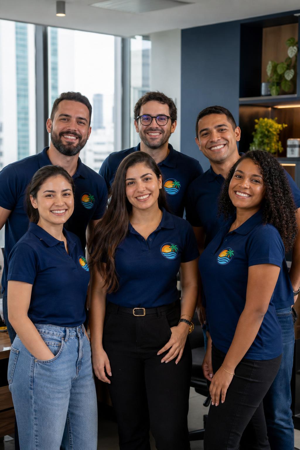 Equipe corporativa uniformizada com polos e camisas bordadas com logo da empresa