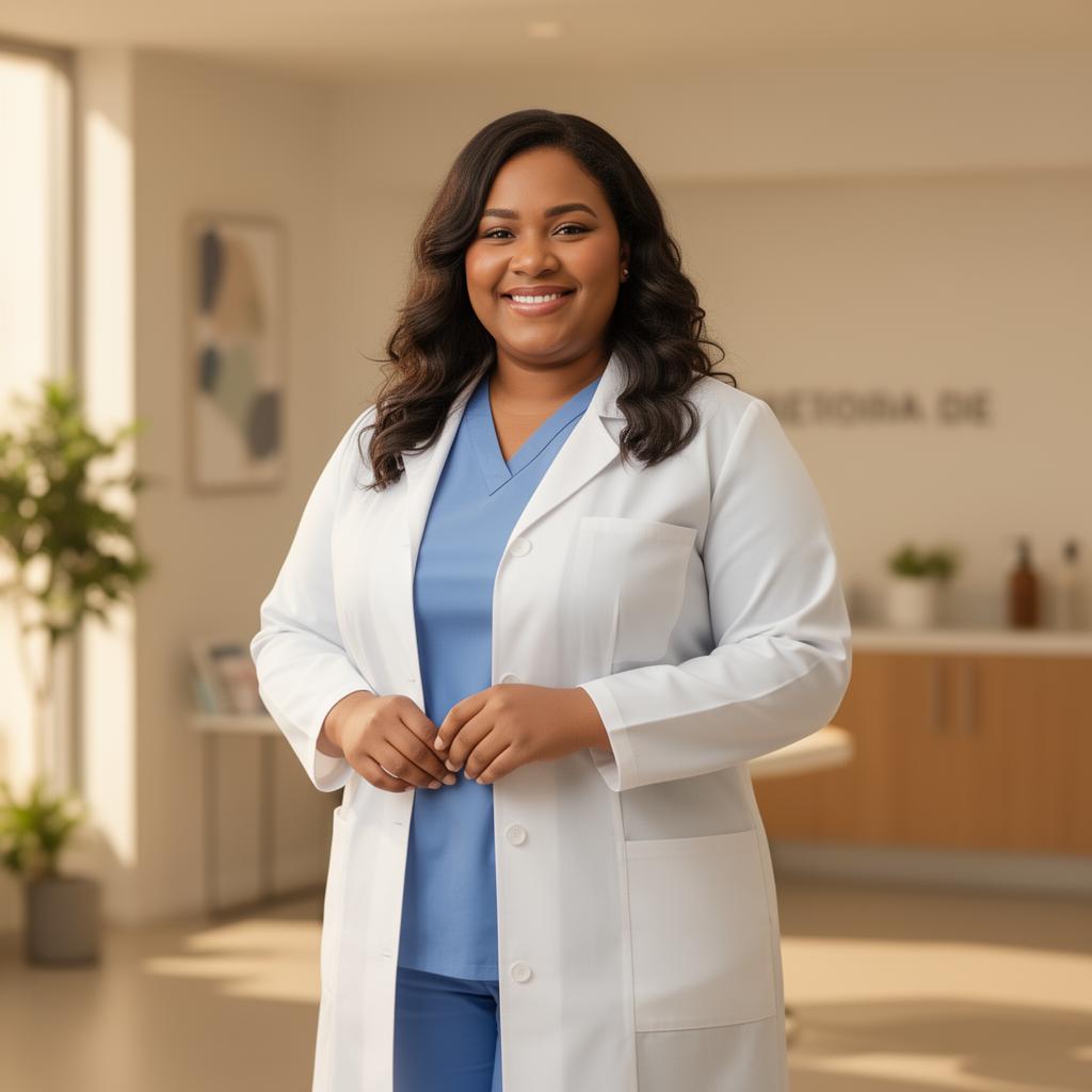 Profissional de saúde plus size sorrindo, vestindo jaleco branco e scrub azul com caimento confortável