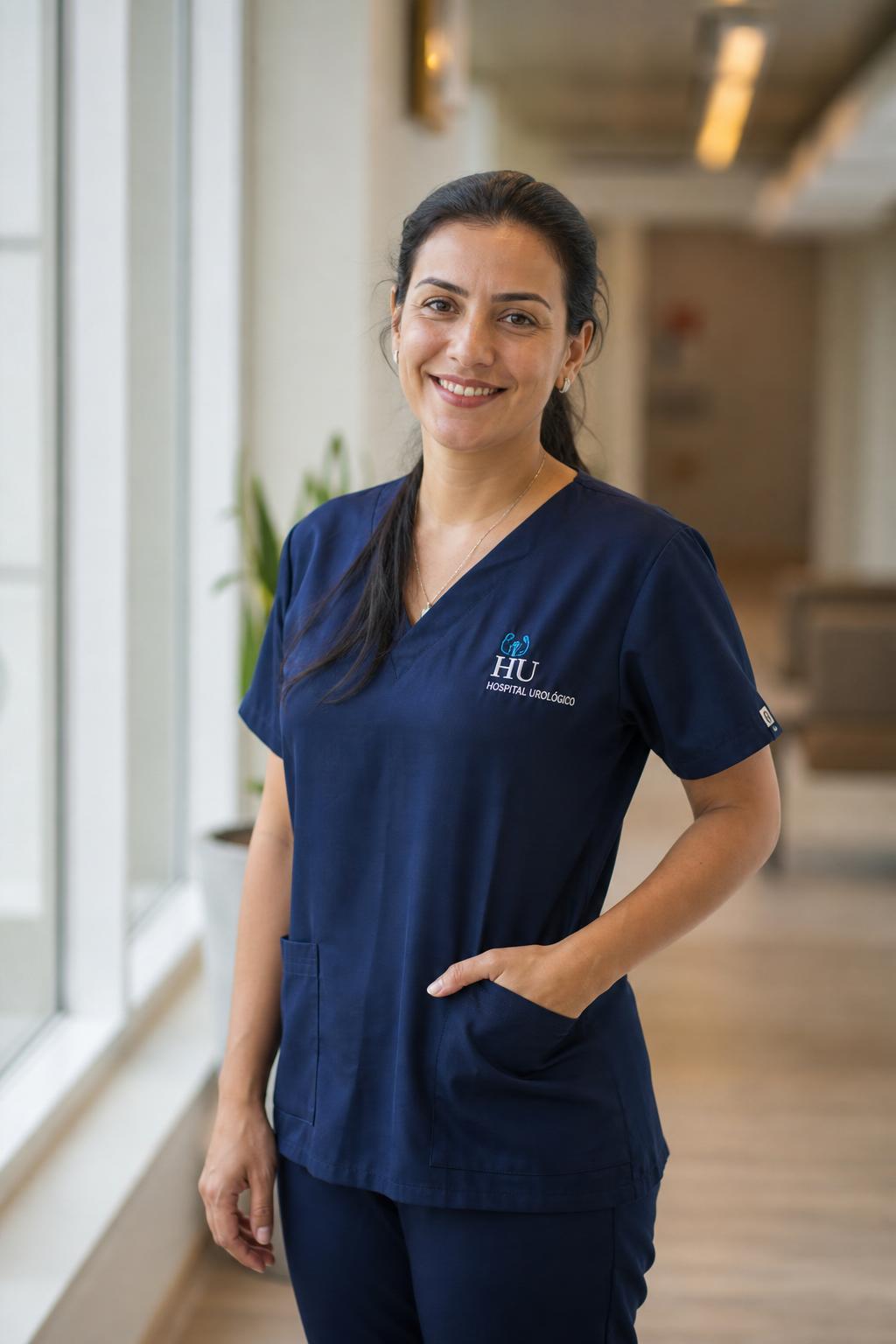 Profissional vestindo scrub azul-marinho com bordado personalizado